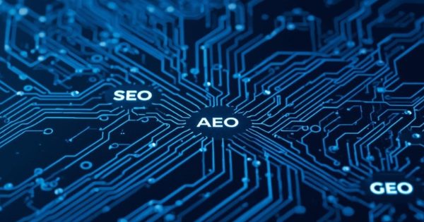 Blue glowing circuit board showing connections between SEO, AEO, and GEO domain names for AI search discovery.