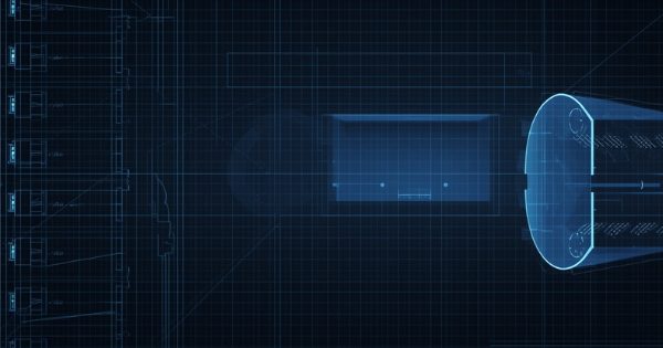 Minimalist blue digital blueprint showing technical domain architecture and schematic data points on a dark grid background.