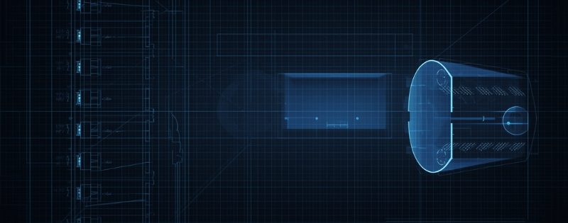 Minimalist blue digital blueprint showing technical domain architecture and schematic data points on a dark grid background.