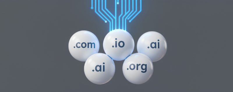 Short domain names strategy guide featuring .com, .io, and .ai extensions on a minimalist tech background - BrandZam